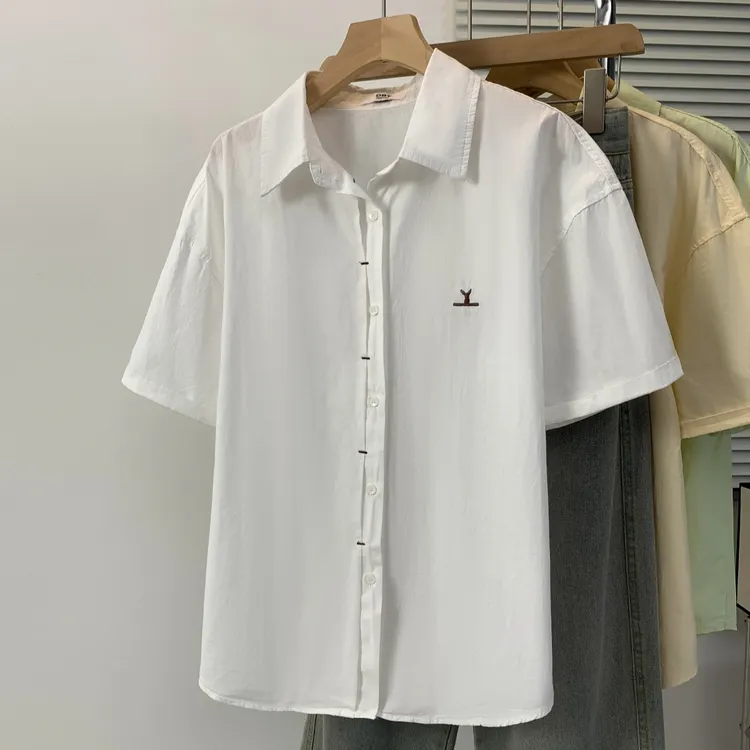 韩系宽松百搭短袖粉色衬衫女2024夏季薄款透气卷边袖全棉衬衣