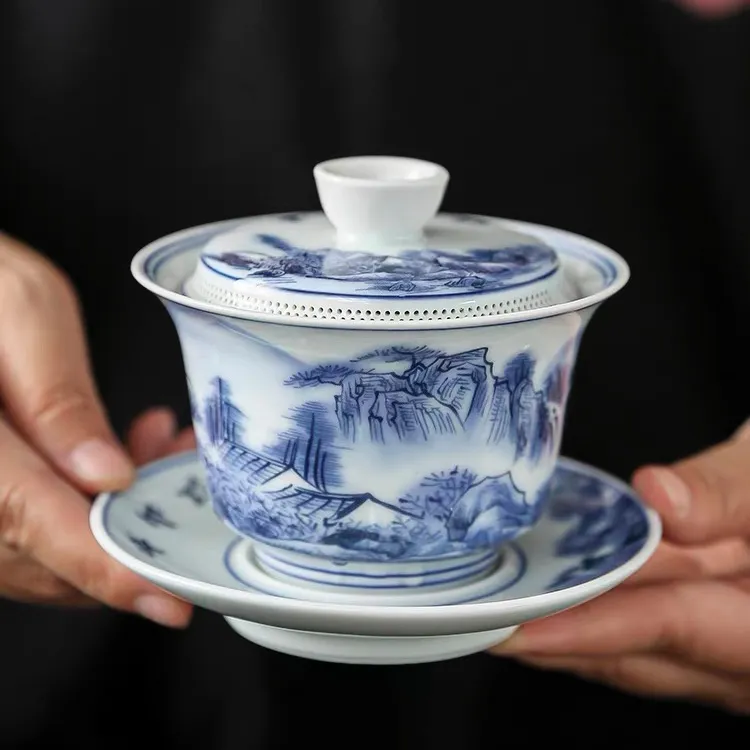 青花瓷旋转自带滤孔三件套盖碗三才三件套盖碗容量160毫升手工