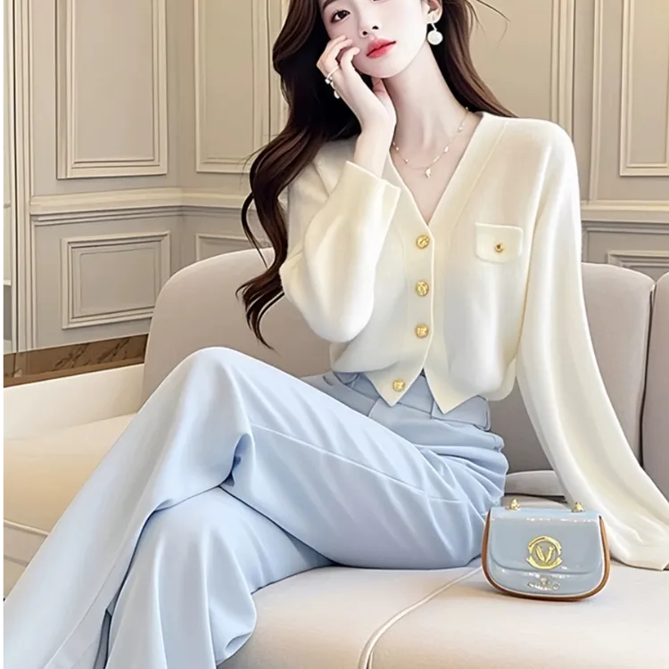 时尚套装女宽松秋季新款洋气长袖短款毛衣针织衫外套西装裤两件套