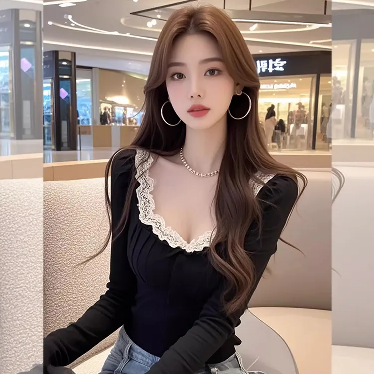 小个子黑色V领蕾丝拼接长袖t恤女纯欲风辣妹修身显瘦短款打底上衣