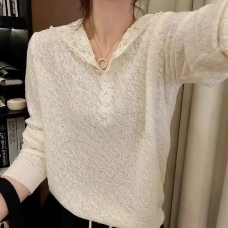 超细美利奴羊毛混纺欧根纱蕾丝连帽套头时尚百搭上衣FC198