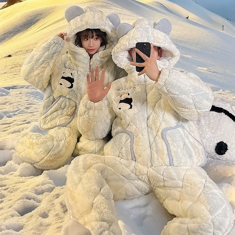 加厚男士家居服冬天三层夹棉情侣睡衣女款秋冬季加绒熊猫套装外穿