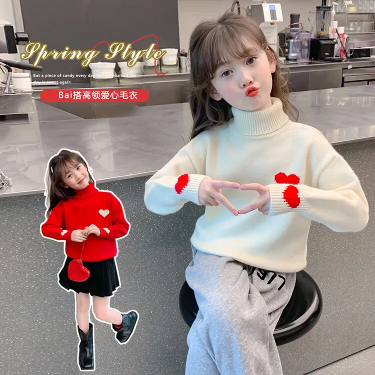 女童高领新款冬季毛衣加厚一体绒百搭针织洋气女童针织衫套头大童