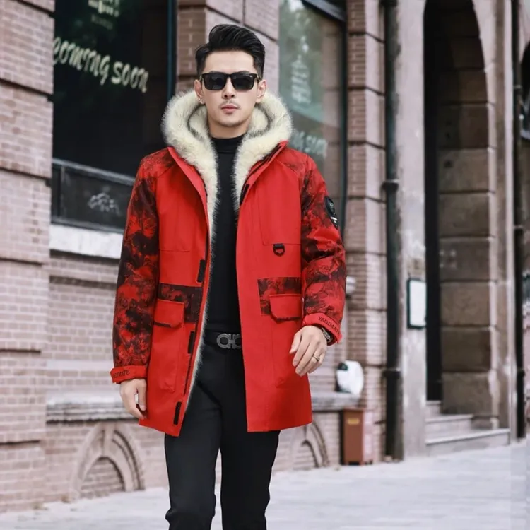 海宁特价新款派克服男士皮毛一体中长款军大衣貂绒可拆卸情侣外套