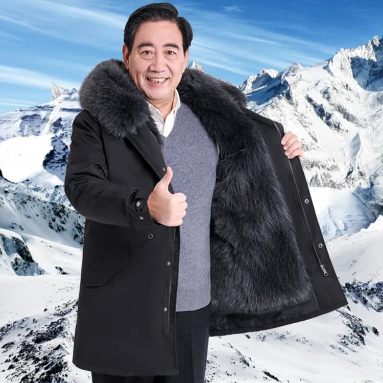 派克服男士冬季中老年加绒加厚保暖可拆卸内胆中长款棉服大衣外套