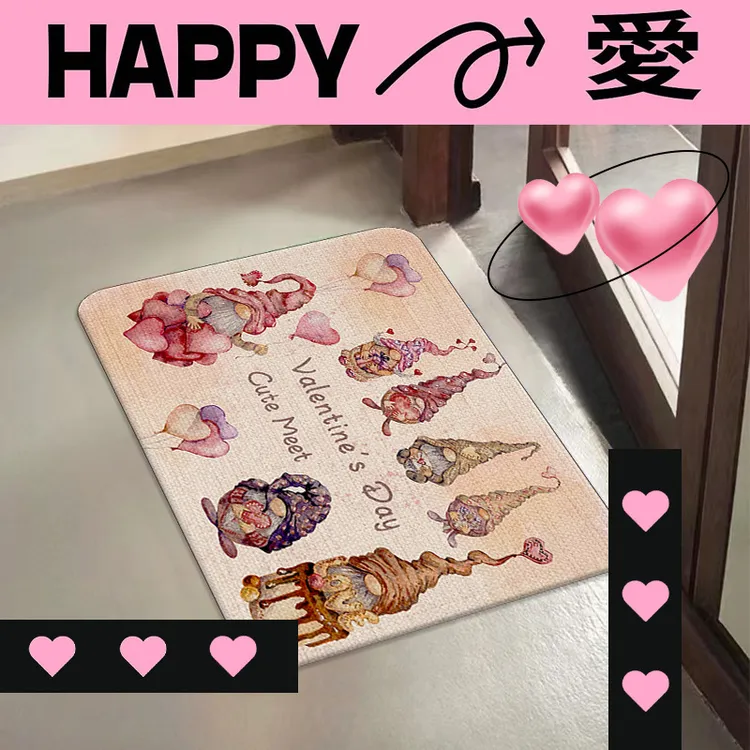 2025新款情人节卡通小矮人爱心水晶绒装饰门垫耐脏门口防滑蹭脚垫