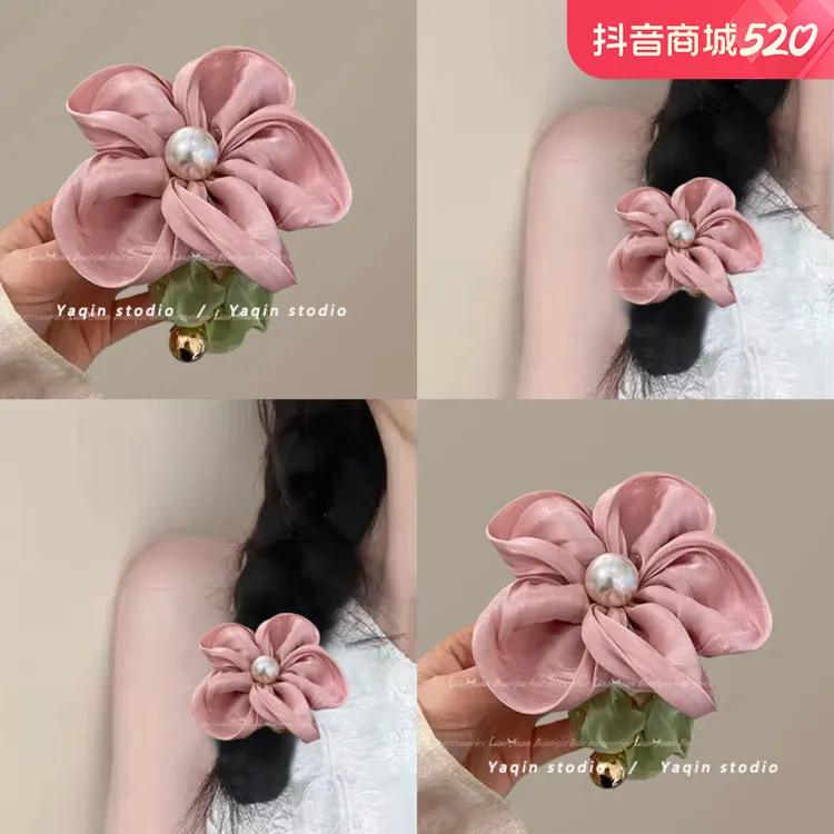 春日氛围花朵珍珠发圈!2024新款高端大肠发圈仙气皮筋女扎头F300