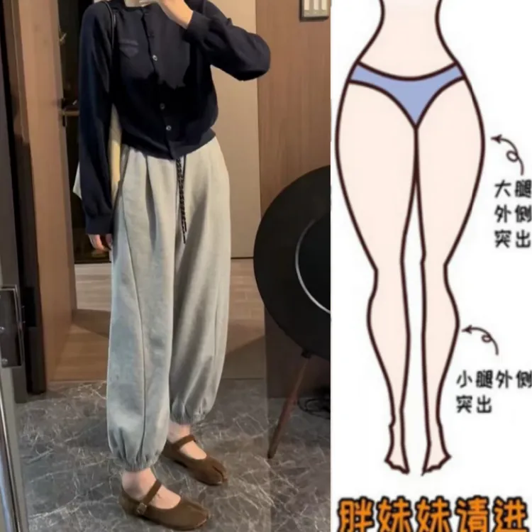格洛森2025秋季新款小个子设计感高腰宽松休闲裤九分抽绳束脚卫裤