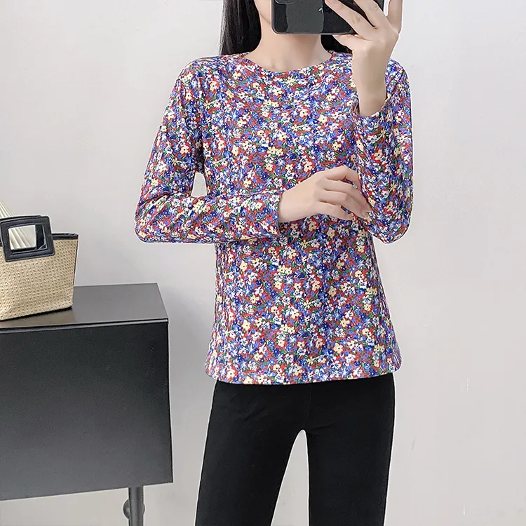 大码中老年女装双面德绒保暖上衣秋冬加绒内搭t恤洋气碎花打底衫