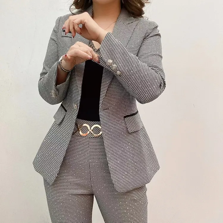 D23833-新款时尚 百搭气质 千鸟格西服套装