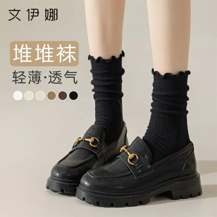 文伊娜黑色木耳花边泡泡袜女夏天配小皮鞋乐福鞋袜子春夏季中筒袜