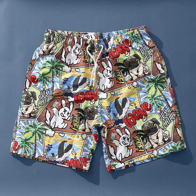 男士五分短裤夏季潮流时尚大裤衩男卡通印花宽松休闲沙滩裤速干裤
