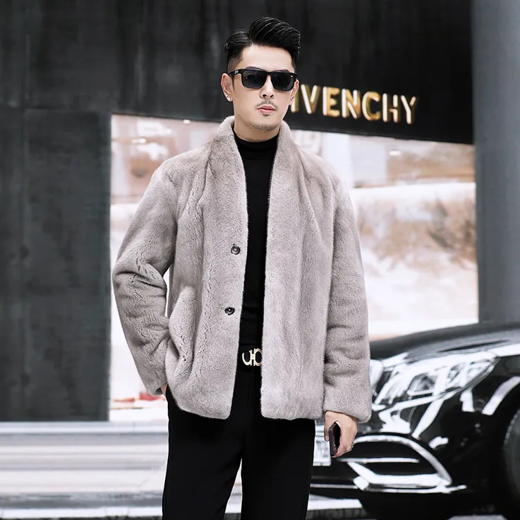 进口宝嘉美短二银蓝原色貂皮外套男士整貂V领道袍真貂皮大衣男款