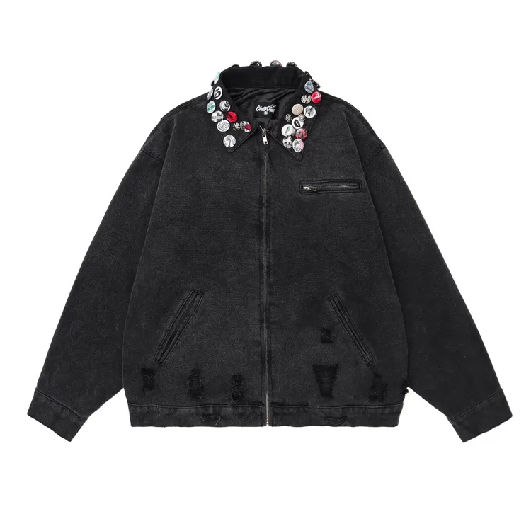 底特律翻领褪色造旧磨破短宽徽章军布工装夹克外套男款重磅外套