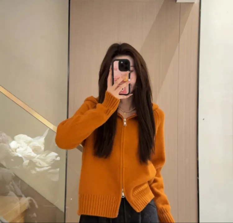 韩版慵懒风连帽短款针织开衫女秋冬款双拉链针织高领毛衣9000YZ