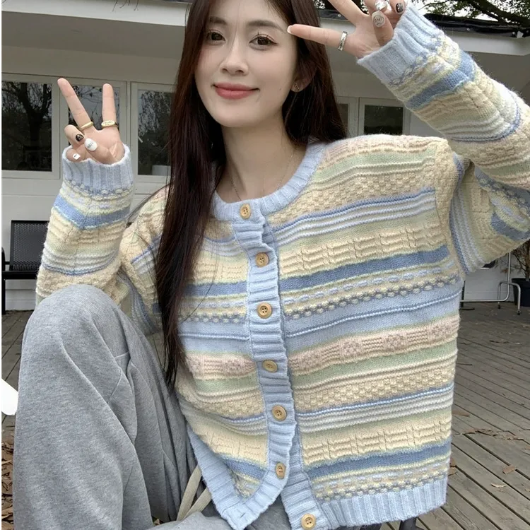 早秋新款韩版宽松四色条纹百搭显瘦针织毛衣薄款开衫外套9051#