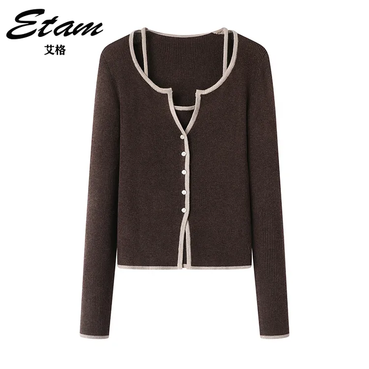 Etam/艾格咖啡色假两件圆领长袖显瘦针织衫2024冬季新款修身毛衣