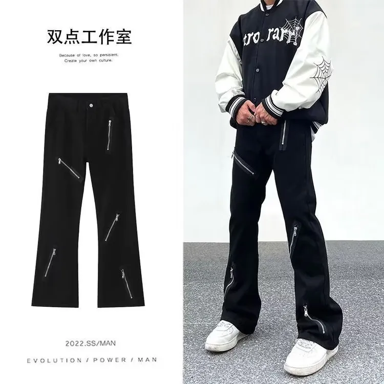 新款美式高街拉链牛仔裤男潮牌喇叭裤高腰微喇长裤修身休闲长裤潮