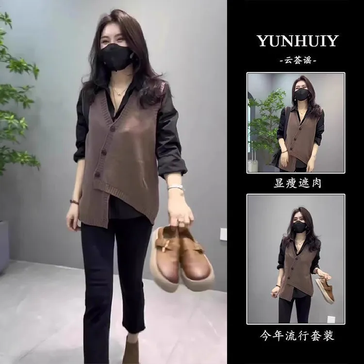 秋季2024年新款轻熟风御姐气质马甲衬衫女减龄显瘦三件套装休闲裤