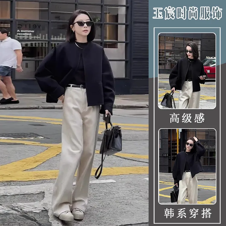 气质极简黑色开衫外套女2024新款秋季v领宽松百搭高级感通勤上衣