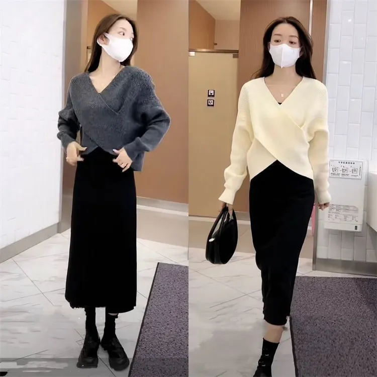 v领毛衣半身裙套装女2025秋冬新款韩版交叉宽松设计针织衫两件套