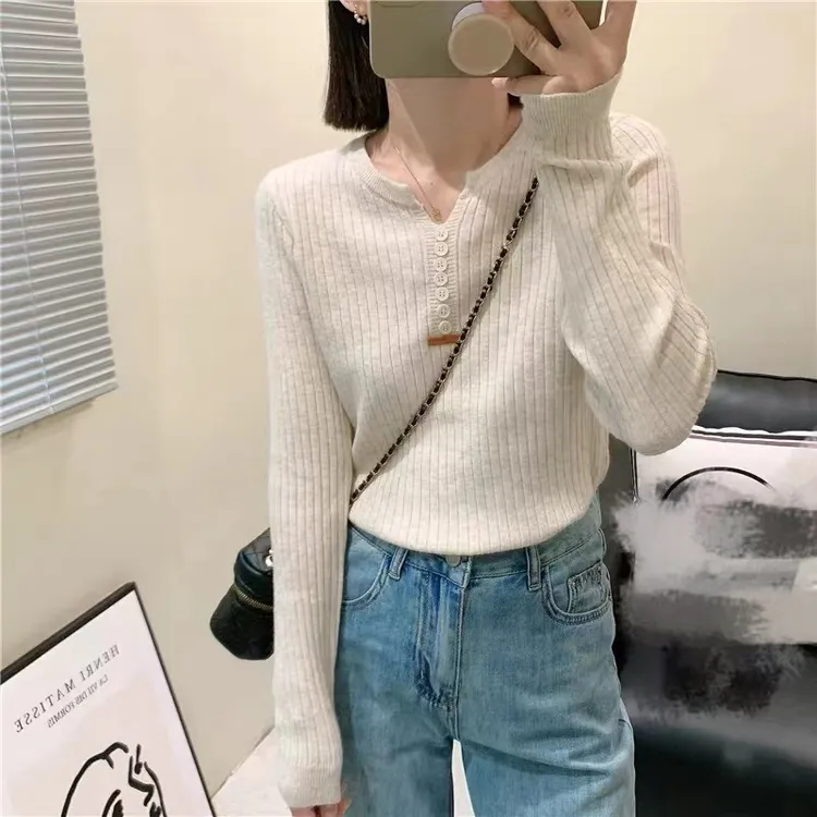 女士针织衫秋季新款纯色剪刀领毛衣休闲时尚百搭宽松上衣毛衣女