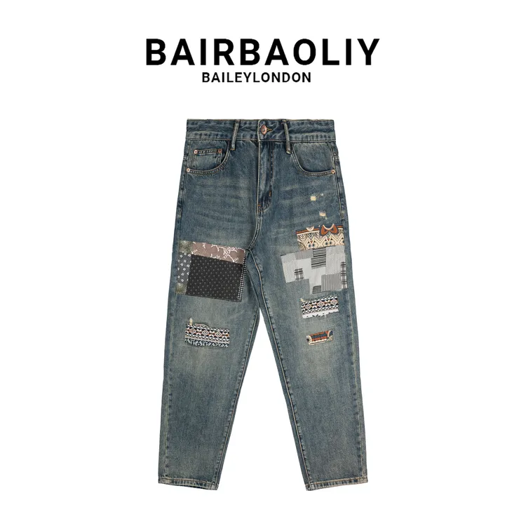 BAIRBAOLIY新款提花时尚拼接破洞高品质韩版宽松直筒男款牛仔长裤
