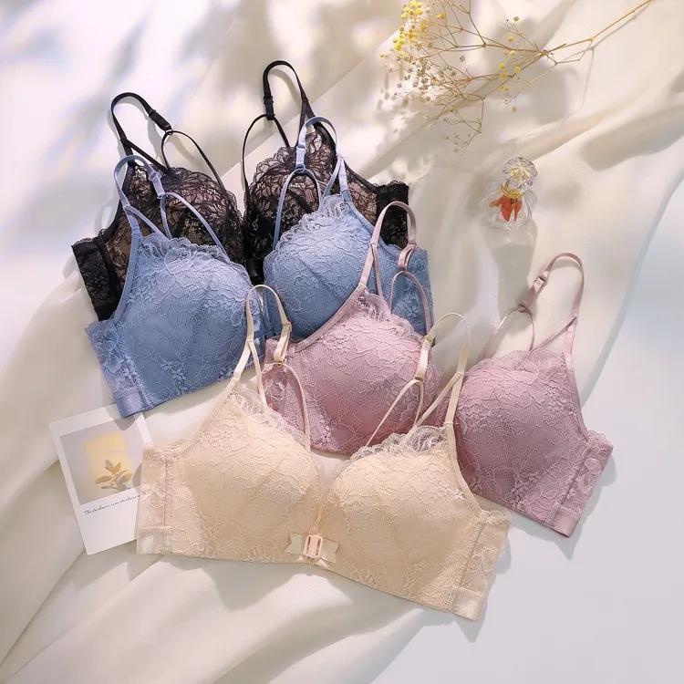 蕾丝美背前扣内衣小胸无钢圈薄款舒适聚拢无痕少女性感文胸套装