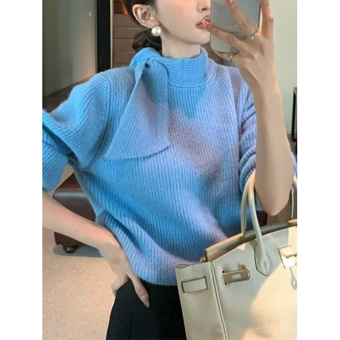 法式优雅温柔显瘦针织衫上衣女蝴蝶结绑带立领长袖套头毛衣网红