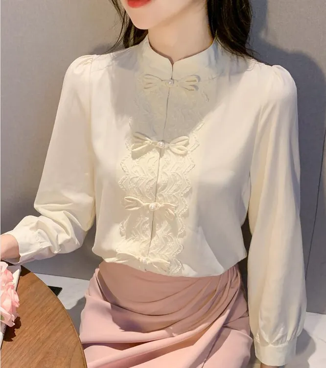 2024春装新款新中式立领盘扣长袖雪纺衬衫气质百搭国风小衫衬衣