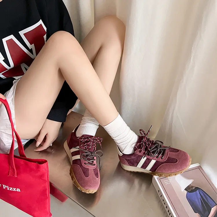 DAQI安可拉红复古徳训鞋爆款双色鞋带平底阿甘鞋休闲鞋真皮