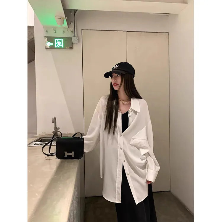 【慵懒限定】2024夏季新款气质极简风长袖防晒衬衫上衣黑色连衣裙女