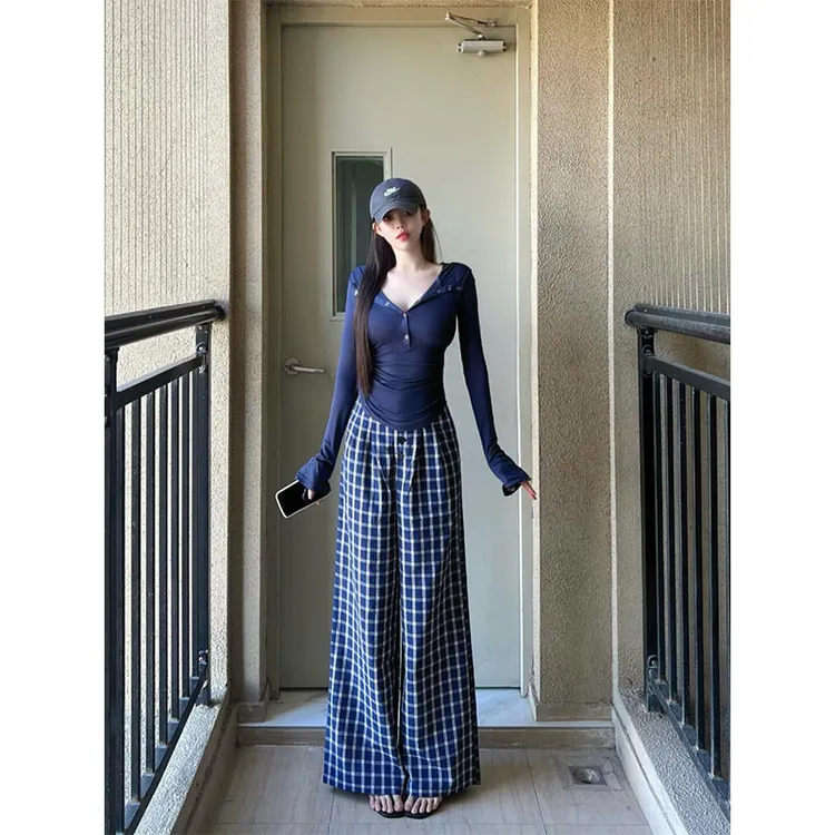2024秋季新款韩系慵懒风高级感长袖薄款上衣宽松直筒格子阔腿裤女