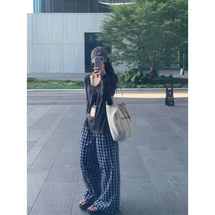 2024夏季新款休闲简约辣妹U领长袖上衣女修身高腰宽松格子阔腿裤