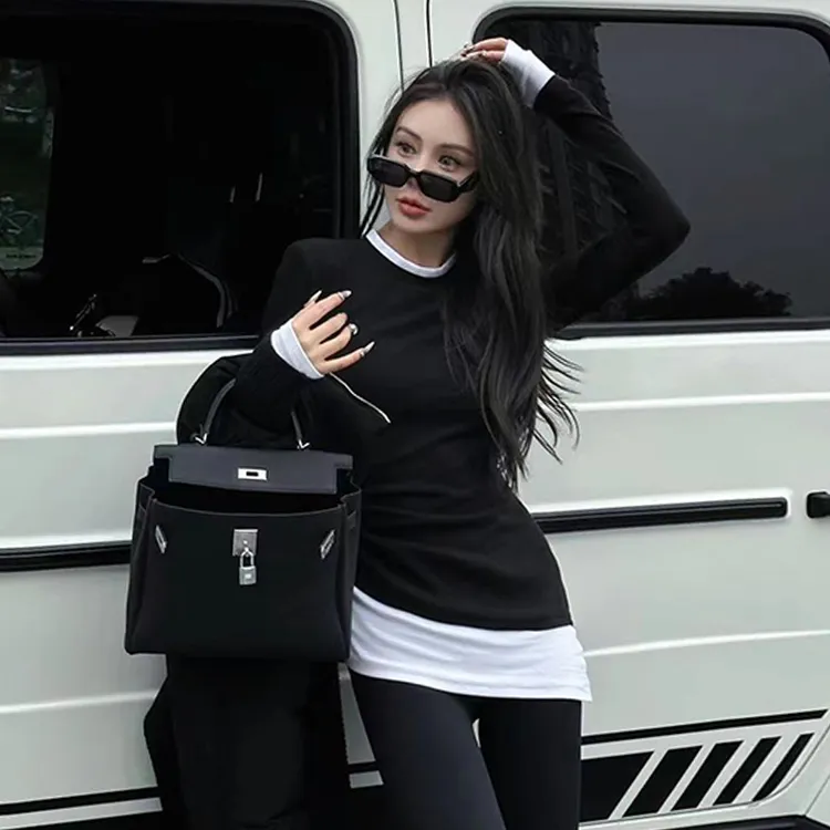 休闲打底衫黑色百搭韩版时尚假两件弹力显瘦收腰打底上衣保暖外穿