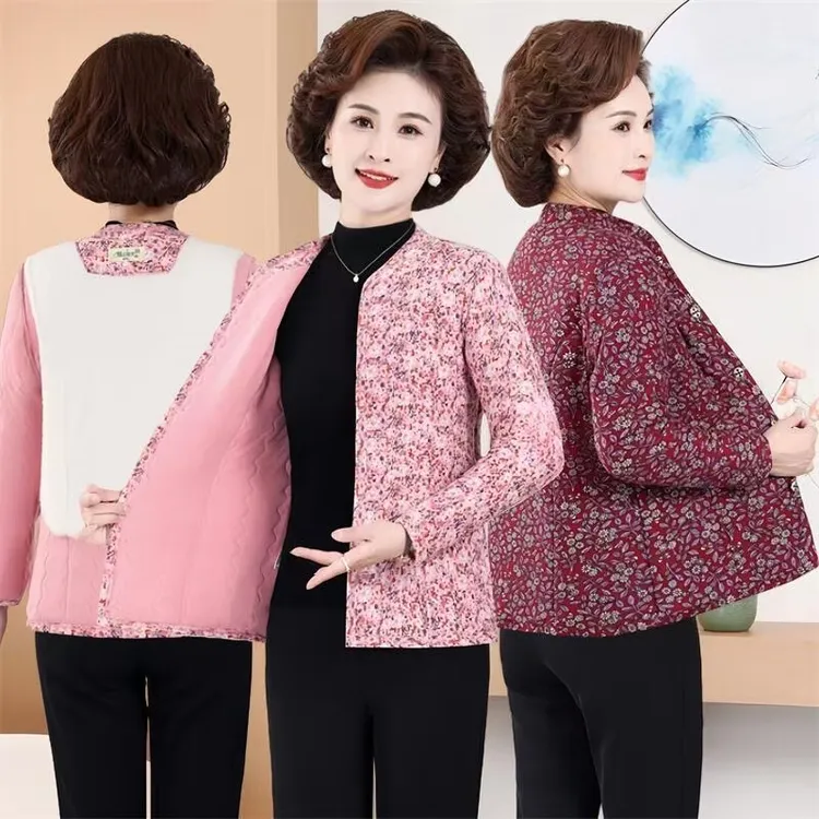 冬季中老年棉服新款加绒驼绒棉袄保暖宽松妈妈碎花奶奶棉衣外套