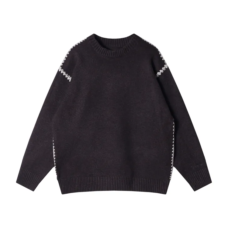 秋冬季新款时尚个性美式复古撞色编织花边圆领针织毛衣宽松百搭