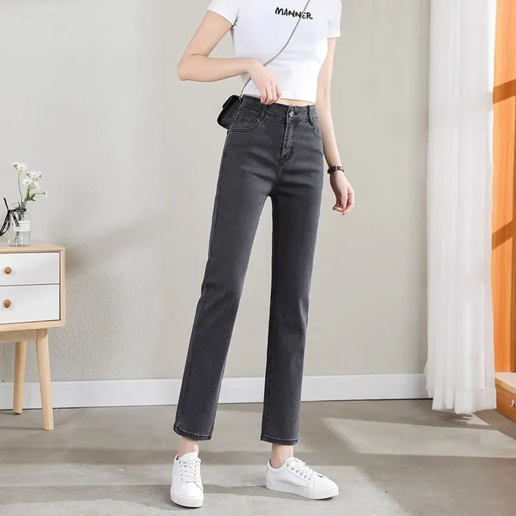 烟灰色高腰直筒牛仔裤女2025春季新款弹力显瘦小个子修身烟管裤子