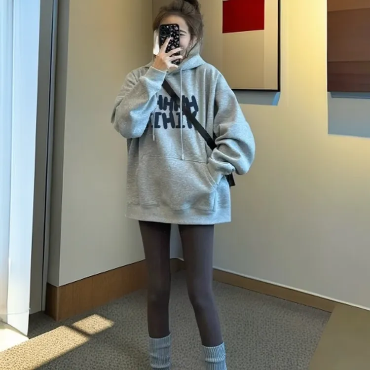 灰色连帽慵懒风卫衣女韩版秋冬新款爆款宽松休闲外套加绒加厚上衣
