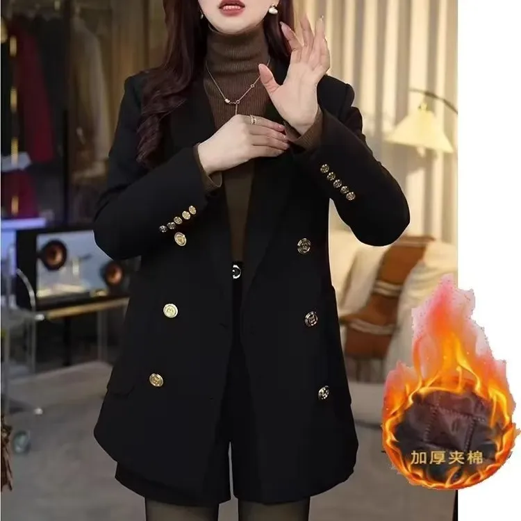 秋冬加厚加棉西装外套女24新款时尚韩版百搭宽松显瘦黑色休闲西服