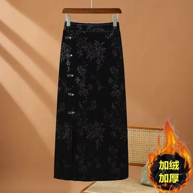 2023中国风丝绒半身裙提花裙春秋加绒裙复古新中式国风盘扣中长裙