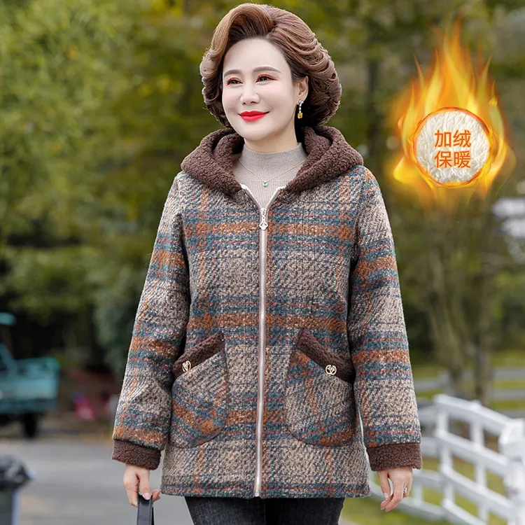 加绒加厚格子外套女秋冬装中年妈妈洋气宽松加绒加厚老太太冬装