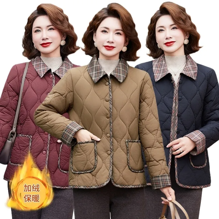 2024冬季新款中年妈妈时尚轻薄棉衣外套休闲宽松减龄加厚拼接棉服