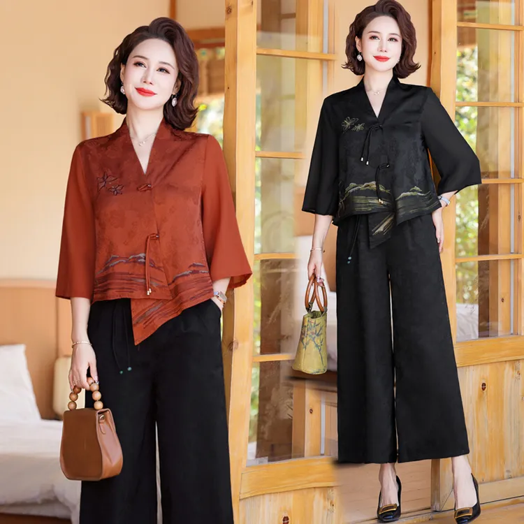 新中式高端套装女国风上衣妈妈装夏季新款龟裂纹直筒九分裤两件套
