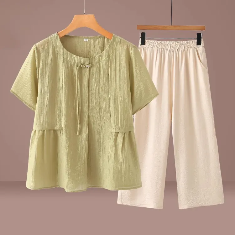 小个子妈妈夏装时尚衬衫洋气2024新款中老年女夏季短袖T恤两件套