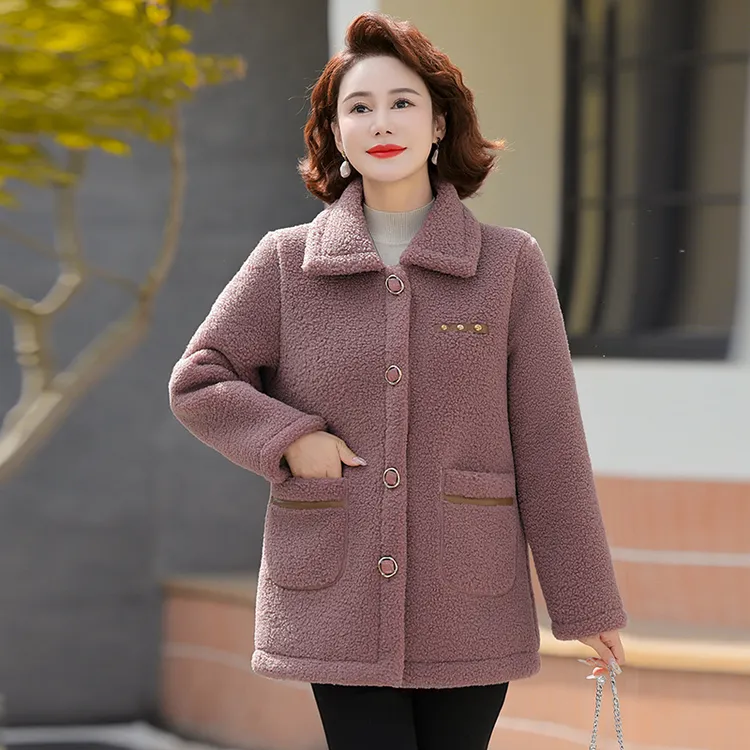 妈妈装新款秋冬季中长款加厚外套中老年女洋气细颗粒绒保暖上衣