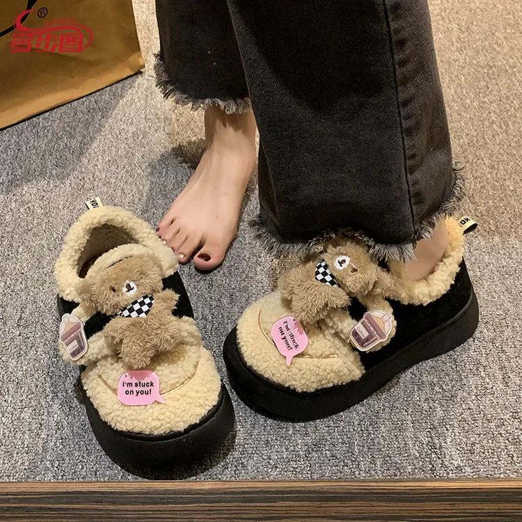 雪地靴女冬季加绒保暖可爱小熊棉鞋厚底豆豆鞋户外休闲鞋网红时尚
