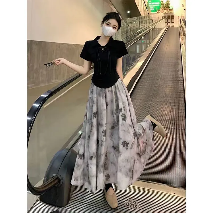 夏日新中式穿搭夏季2025短款收腰正肩禅意国风T恤半身裙两件套