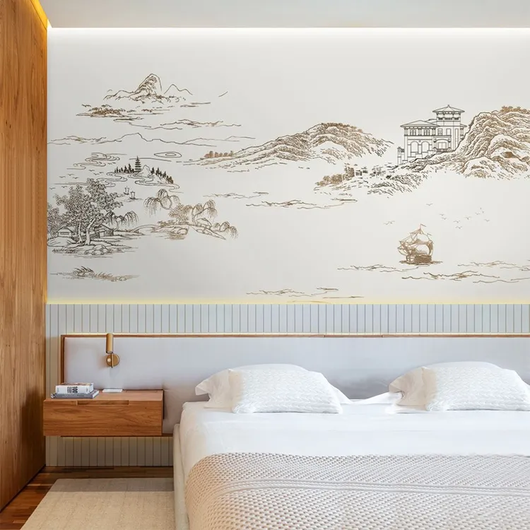 新中式意境山水壁纸雅致禅意茶室书房背景墙壁画定制酒店床头墙纸