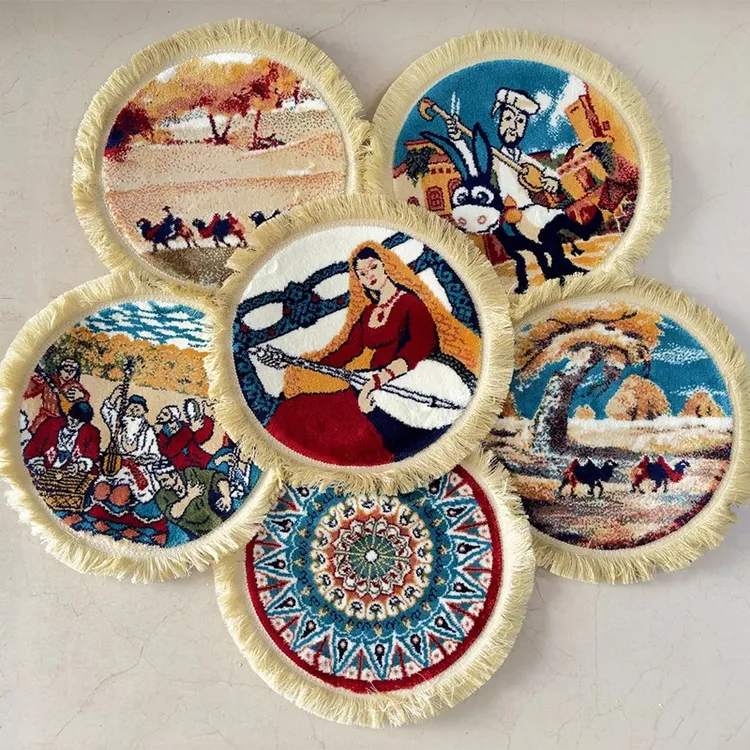 新疆机织地毯画圆形丝毯民族人物沙漠风景墙壁装饰毯圆形小地毯